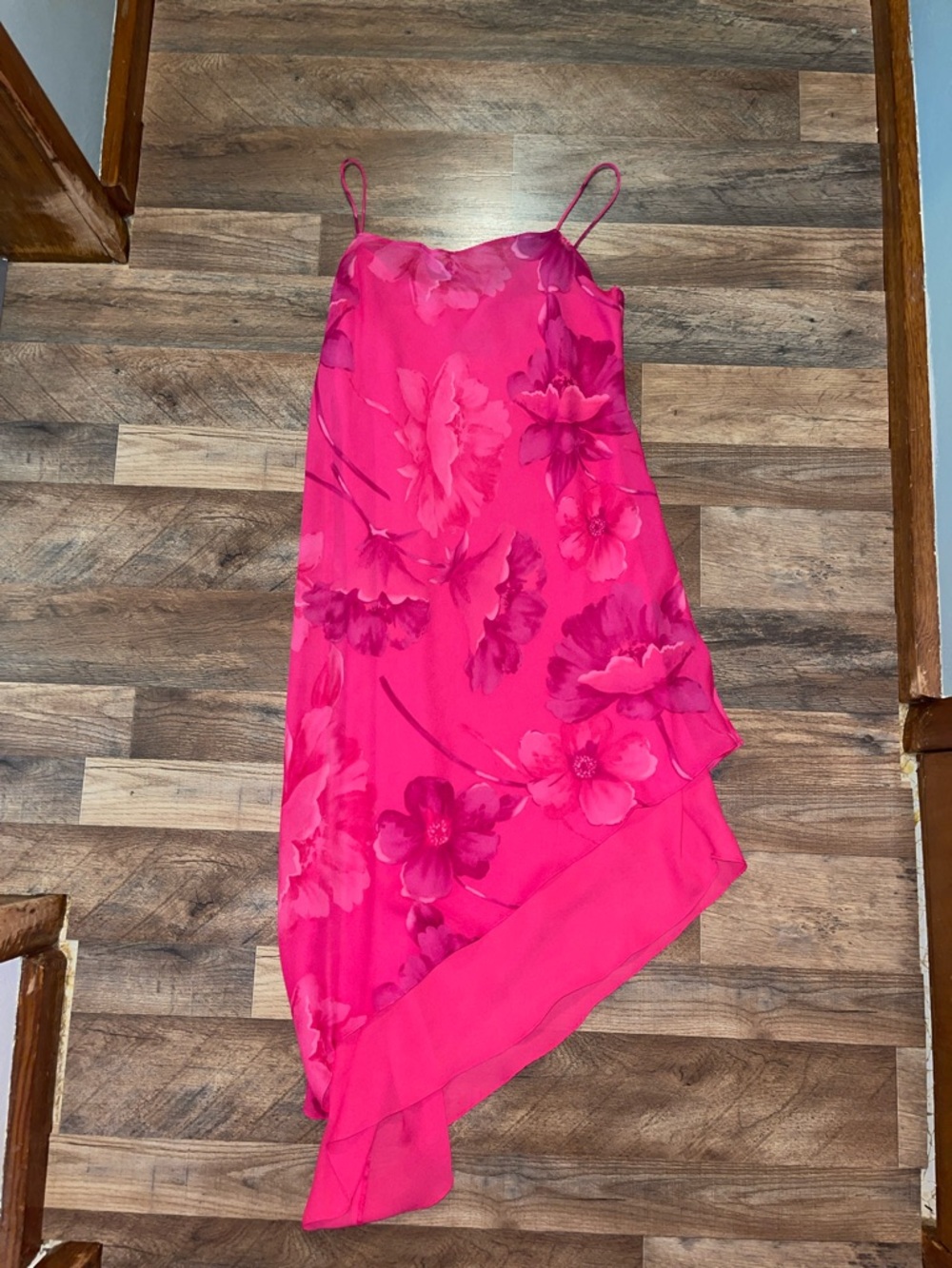 90’s Vintage Hot Pink Floral Asymmetric Slip Dress size 12 P